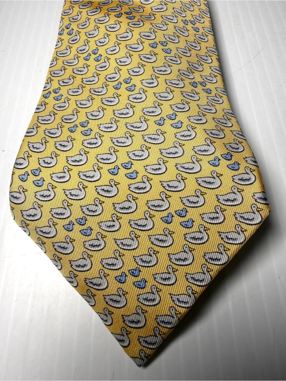 Hermes Yellow Silk Tie with White & Light Blue Duck Motif
